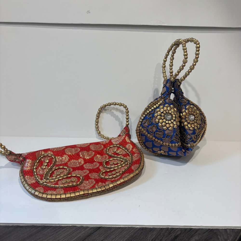 Indian Ethnic Beaded Potli Bag and Paisley Clutch Set Blue Red Gold Wedding